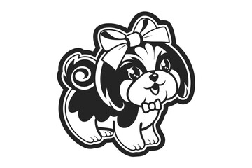Cartoon Dog Puppy Shih Tzu with Bow on White Background