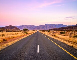 Fototapeta premium A long road stretches toward distant mountains under a pastel sky, bordered by dry grass and telephone poles, suggesting vastness and peaceful solitude