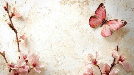 A pink butterfly perched on a branch with pink flowers against a textured beige background.