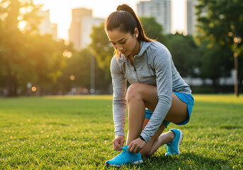 Determined woman tying running shoes in sunny park, preparing for an energizing outdoor workout session.