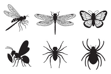 Set of Insect Silhouette Bundle, Dragonfly, bee, butterfly, ant, spider, bug. Vector black silhouette. with white background