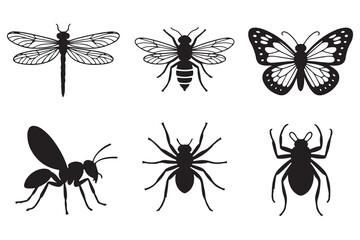 Set of Insect Silhouette Bundle, Dragonfly, bee, butterfly, ant, spider, bug. Vector black silhouette. with white background