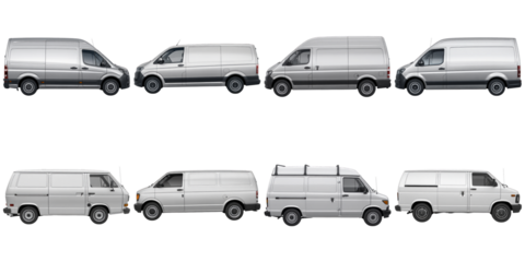 Diverse white cargo vans collection isolated on a transparent background transport vehicle