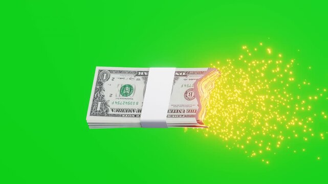 Burning Dollar Money Stack with Fire Sparks on Green Screen 3D Animation