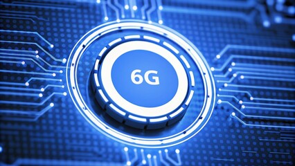 Futuristic 6G technology button on a circuit board background.