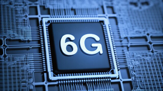 High-tech close-up of a microchip displaying 6G technology.