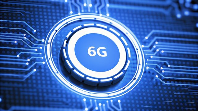 Futuristic 6G technology button on a circuit board background.
