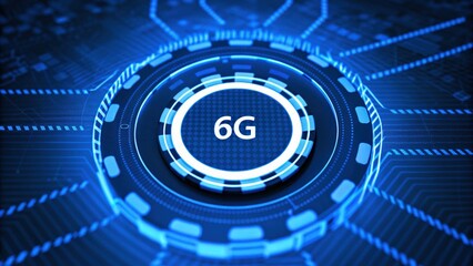 Futuristic representation of 6G technology with a glowing blue circuit design.
