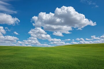 Fototapeta premium Vast green field under a blue sky with puffy clouds (1)