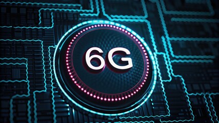 Futuristic digital concept showcasing a 6G network symbol on a circuit background.