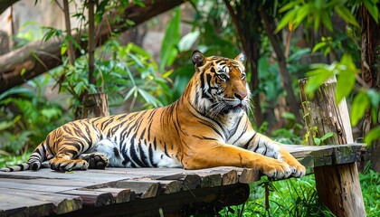A tiger resting on a wooden platform in a lush jungle