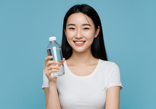 Radiant young woman holding clear water bottle, smiling brightly, embodying health and refreshment for lifestyle and wellness campaigns. - Powered by Adobe
