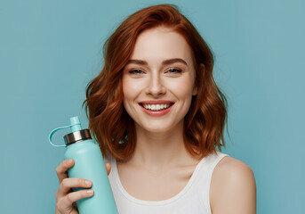 Radiant redhead smiles holding a stylish turquoise water bottle, embodying healthy hydration and active lifestyle.