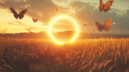 A golden circle of light with flying butterflies in a field of wheat at sunset.
