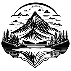 Majestic monochrome mountainscape artwork evoking serenity and wilderness wonder and tranquil