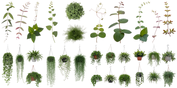 Green plants hanging and upright isolated on a transparent background foliage leaves