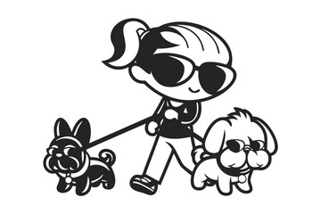 Cartoon Girl Walking Two Dogs Wearing Sunglasses White Background
