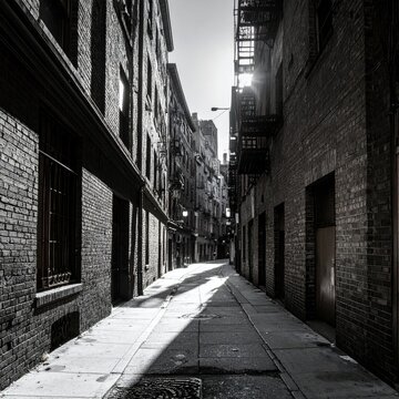 Fototapeta Black and white photo of a narrow city alleyway with brick buildings on either side, sunlight filtering through. Long shadows stretch on the pavement