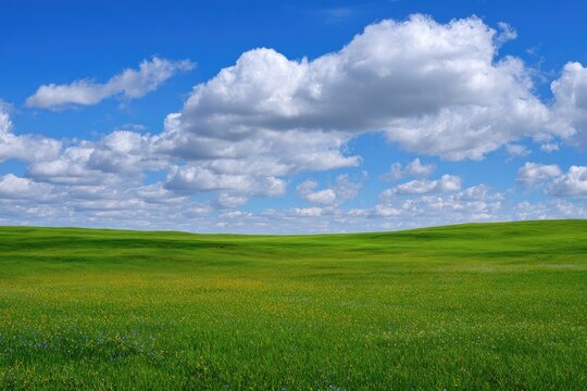 Vast green field under a partly cloudy blue sky - Powered by Adobe