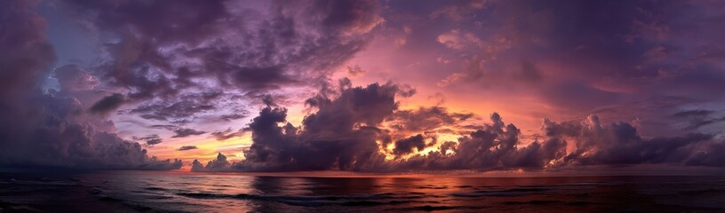 Sunset over a lake with mountains in the background in a painting