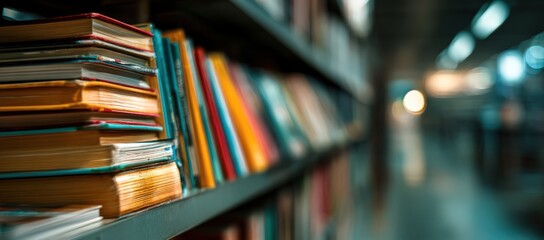A neat stack of various books resting on top of a bookshelf in a library