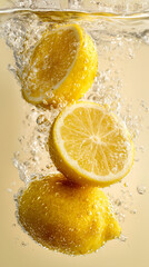 水に落ちる新鮮なレモンとカットされたレモン