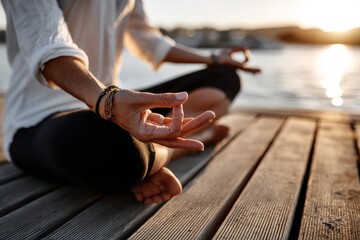 Obraz premium A person is quietly sitting on a wooden dock engaged in deep meditation