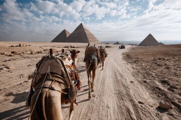 People riding camels in front of three pyramids in the desert