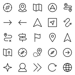 Collection of Basic Navigation Related Vector Line Icons. Contains Icons like Location, Compass, Map, Arrow and more. Editable stroke. 48x48 pixels