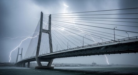 A massive cable-stayed bridge spans a body of water during a dramatic thunderstorm, with lightning striking nearby.