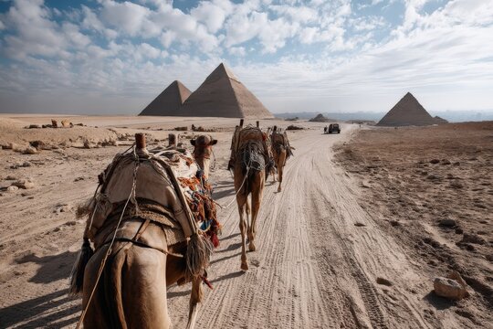 People riding camels in front of three pyramids in the desert - Powered by Adobe