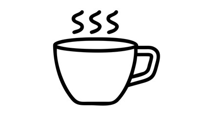 A simple black and white line drawing of a steaming cup of coffee or tea.