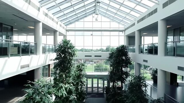Bright Open Atrium With Geometric Skylight Green Plants And Modern Interior Design