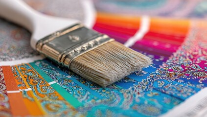 Fototapeta premium Paintbrush resting on colorful paint swatches