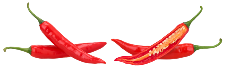 Fresh red chili and half isolated, transparent PNG, PNG format