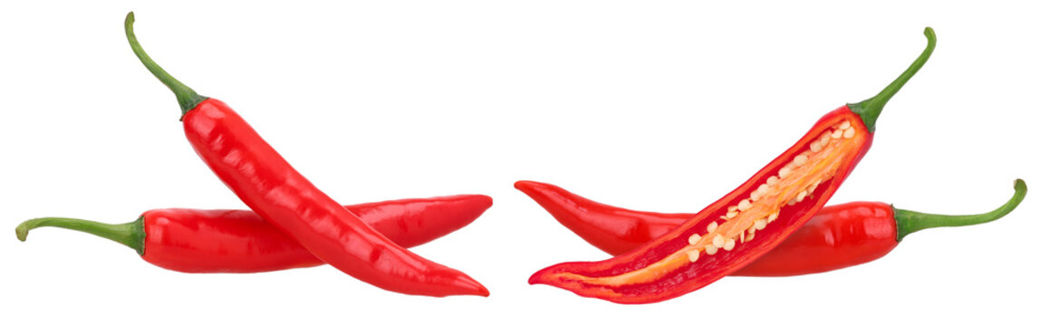 Fresh red chili and half isolated, transparent PNG, PNG format