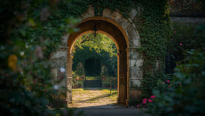Enchanting Garden Entrance with Lush Flora and Architectural Gate