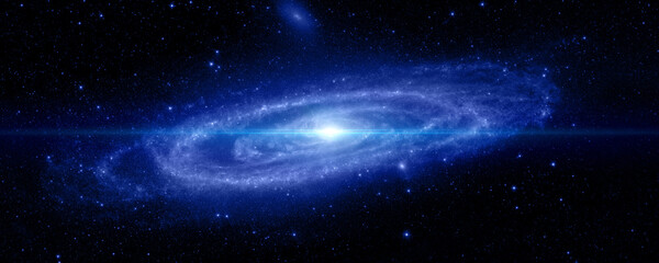 Space galaxy and stars. Andromeda galaxy, stars, dust and areas of star formation. Universe filled with stars, nebula and galaxy. Spiral galaxy in deep space. Panorama. 