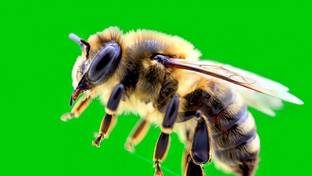 Buzzing Beauty A Detailed Look at a Honeybee in Flight Against Green
