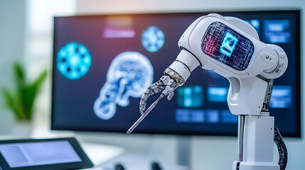 Robotic Arm with Precision Tool in Front of Digital Display Showing Brain and Molecular Structures