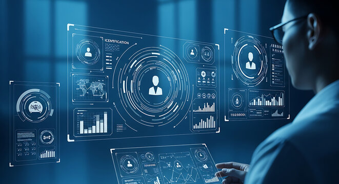 Man in lab coat interacts with futuristic interface displaying data and identification graphics