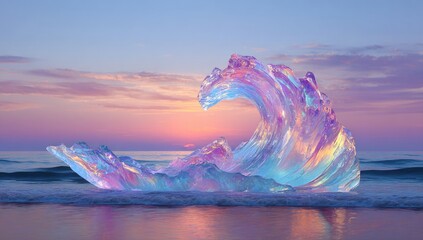 A luminous, iridescent wave sculpture rests on a beach at sunset.  Soft pastel colors of pink, purple, and blue highlight the wave's crystalline form.  Calm ocean water reflects the hues