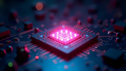 Pulsating pink microprocessor on rotating circuit board - Powered by Adobe