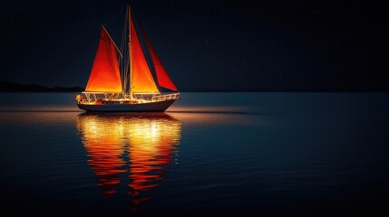 A sailboat with red sails sailing at night with a starry sky in the background.