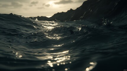 Calm sea horizon glowing under golden sunset light, captured in 4K with 85mm f1.8 lens, cinematic tones and natural sharpness