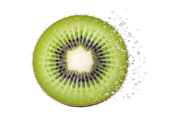 Fresh kiwi slice with water bubbles on transparent background