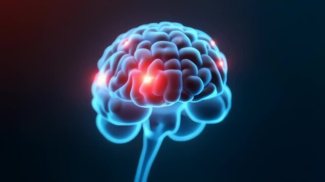 Rotating around translucent blue brain with red highlights