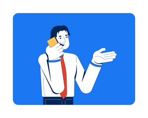 Smiling asian office worker holding phone conversation 2D cartoon character. Business call. Corporate man speaking with smartphone flat vector person isolated on white. Spot illustration colorful