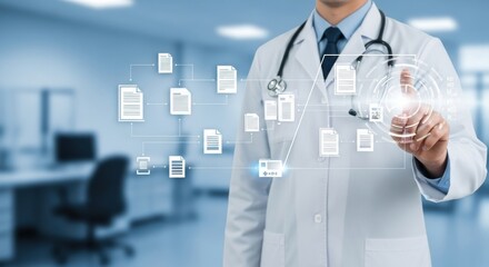 Doctor interacting with digital medical records interface healthcare technology