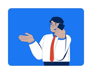 Corporate arab man in glasses talking on smartphone 2D cartoon character. Middle eastern executive office worker speaking on phone flat vector person isolated on white. Spot illustration colorful
